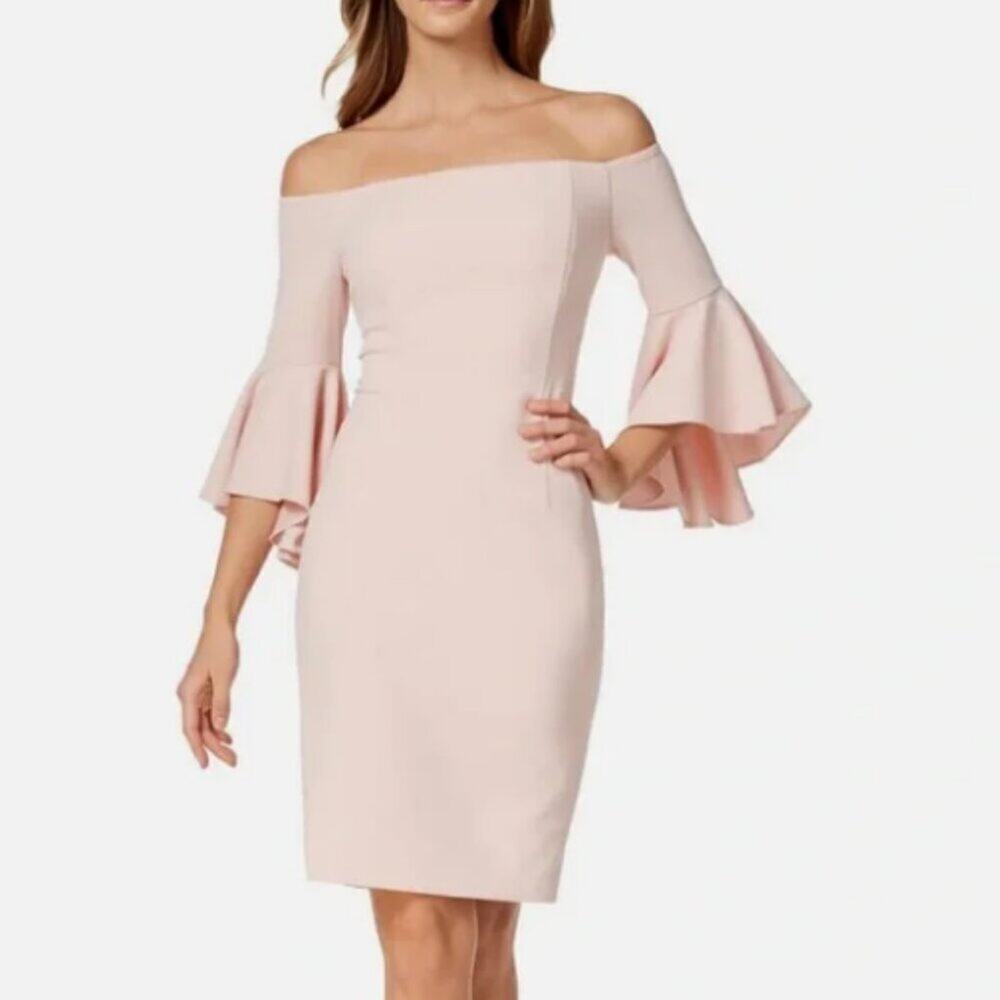 New Calvin Klein Peachy Pink Off Shoulder‎ Ruffle Bell Sleeve Dress